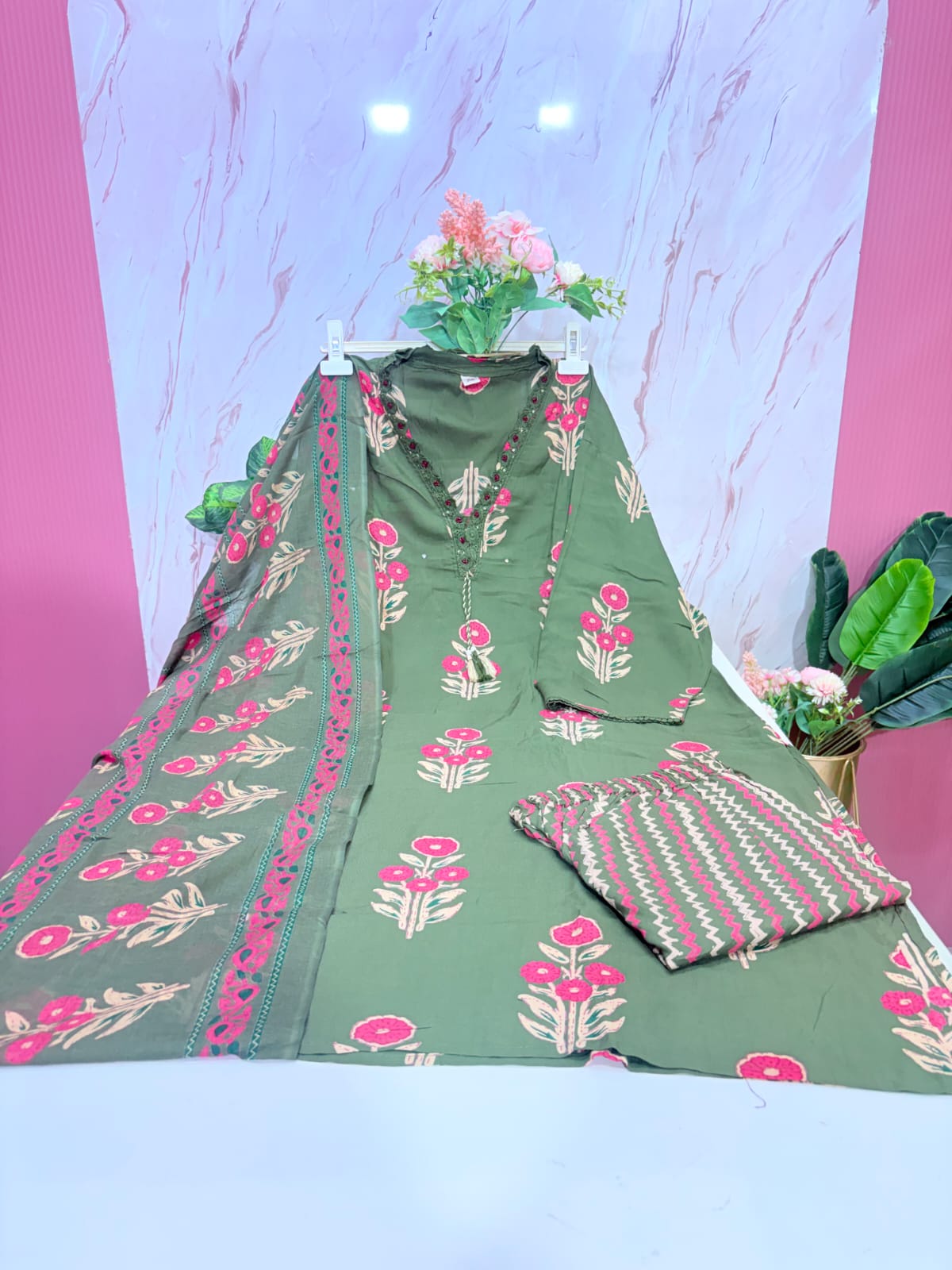 Plus Size Rayon Straight Cut Kurti Set with Cotton Dupatta – Olive Green