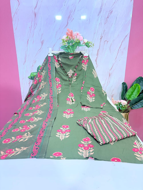 Plus Size Rayon Straight Cut Kurti Set with Cotton Dupatta – Olive Green