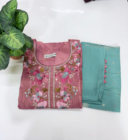 Pink Floral Embroidered Shimmer Fabric Plus Size Suit Set