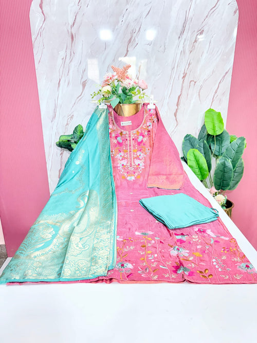 Pink Floral Embroidered Shimmer Fabric Plus Size Suit Set