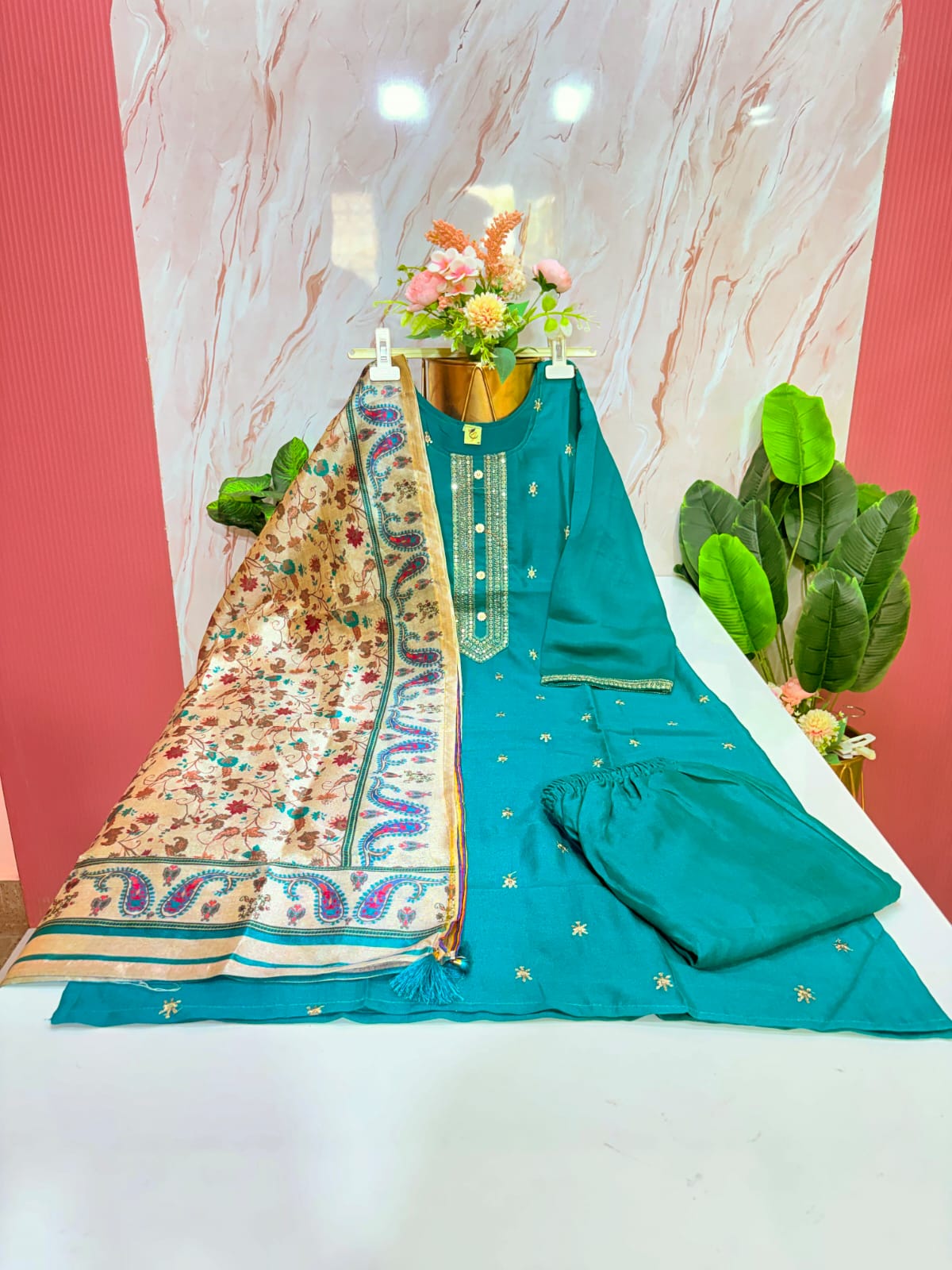 Rama Blue Vichitra Silk Plus Size Straight Cut Suit Set