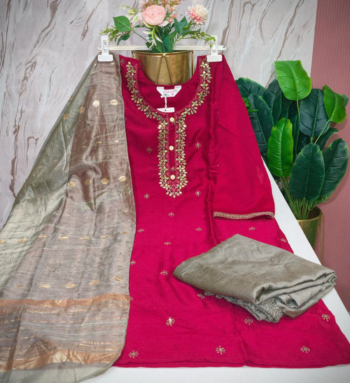 Rani Pink Vichitra Silk Plus Size Straight Cut Suit Set
