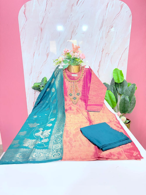 Peach Double Tone Plus Size Straight Cut Suit Set with Banarasi Dupatta