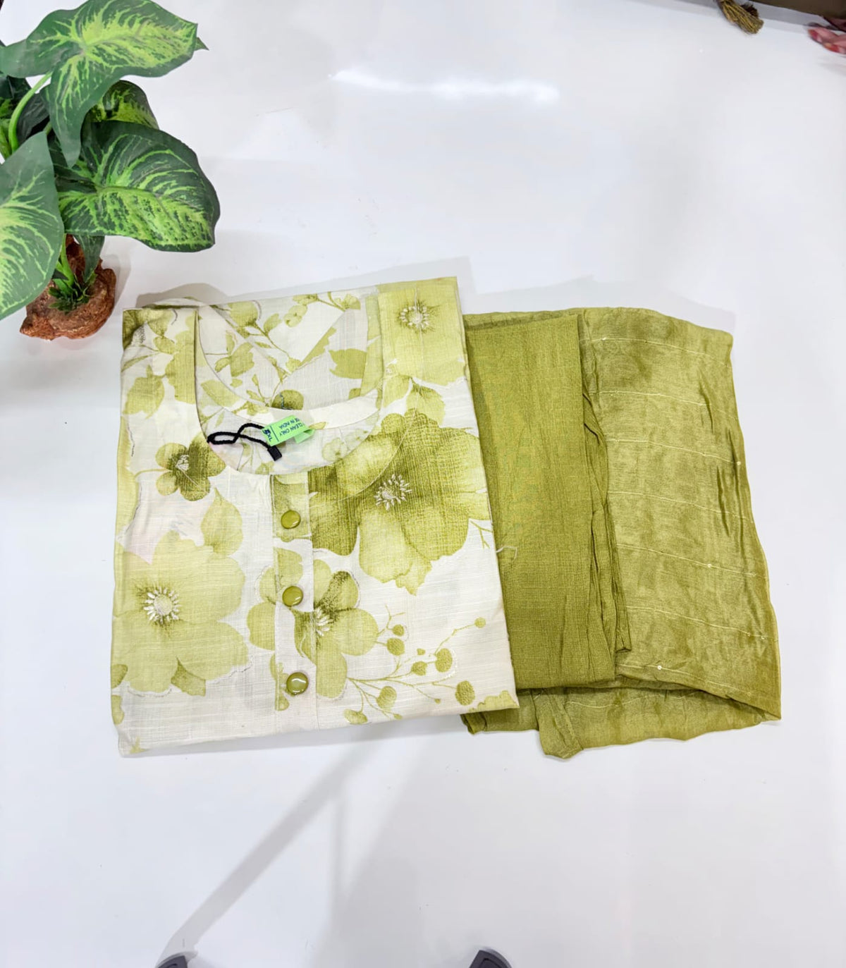 Olive Green Floral Print Rayon Plus Size Suit Set