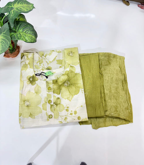 Olive Green Floral Print Rayon Plus Size Suit Set