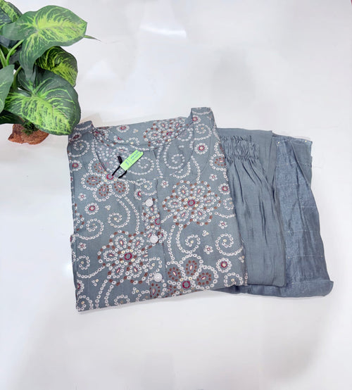 Grey Floral Print Rayon Plus Size Suit Set