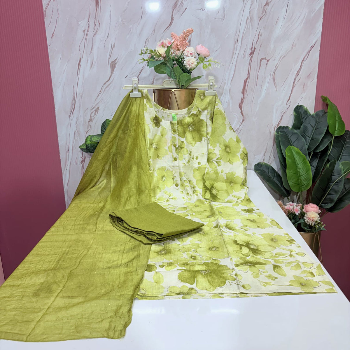 Olive Green Floral Print Rayon Plus Size Suit Set