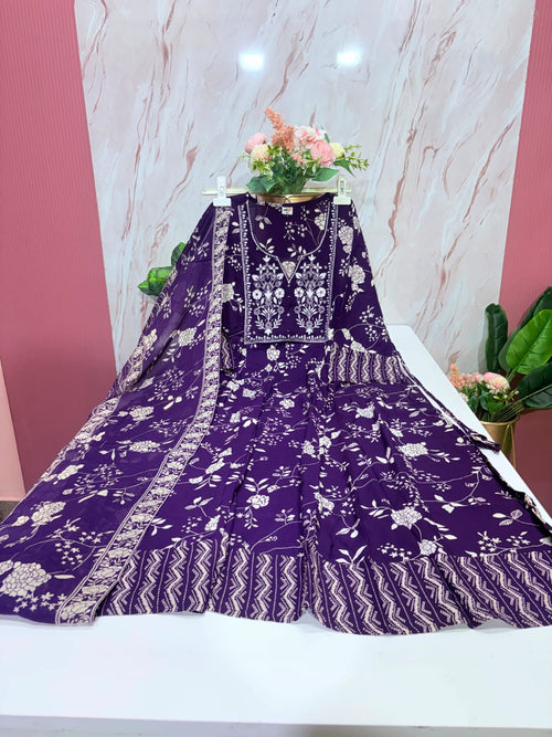 Purple Rayon Floral Print Plus Size Umbrella Kurti Set