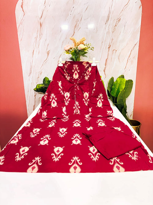 Plus Size 60s Cotton Straight Cut Kurti Set with Cotton Dupatta – Maroon