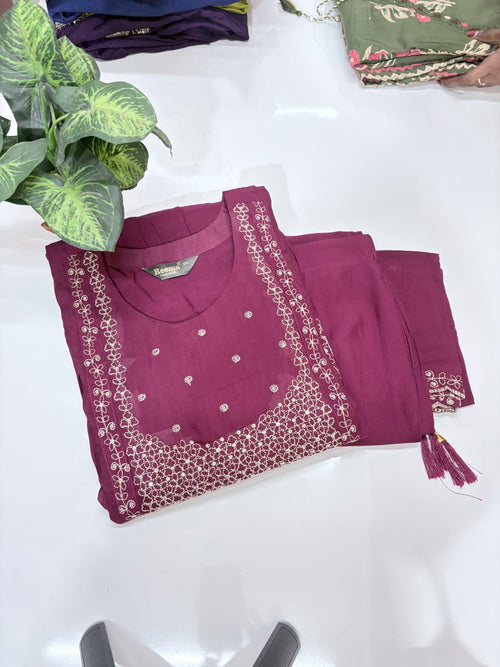 Plus Size Mul Chanderi A-Line Umbrella Kurti Set with Embroidered Dupatta | 3-Piece Ethnic Wear - Wine