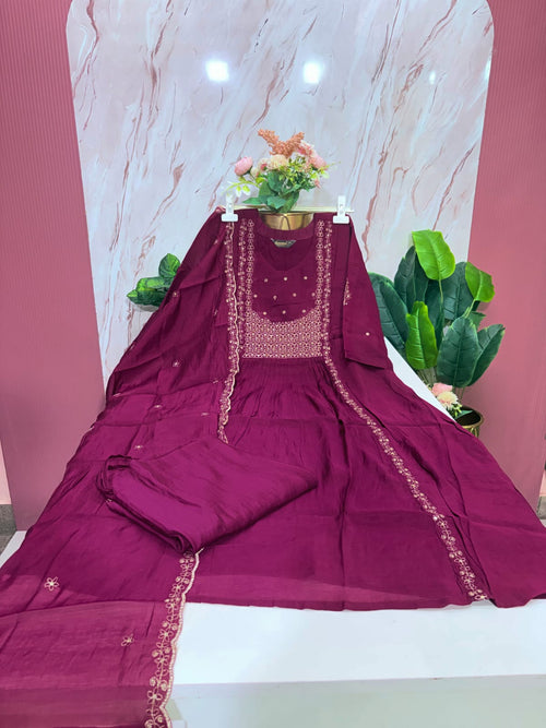 Plus Size Mul Chanderi A-Line Umbrella Kurti Set with Embroidered Dupatta | 3-Piece Ethnic Wear - Wine
