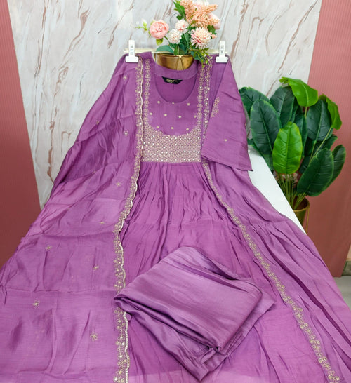 Plus Size Mul Chanderi A-Line Umbrella Kurti Set with Embroidered Dupatta | 3-Piece Ethnic Wear - Lavender