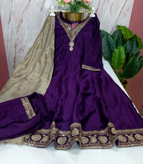Plus Size Vichitra Fabric Anarkali Umbrella Suit Set with Embroidered Dupatta | 3-Piece Ethnic Wear - Royal Purple