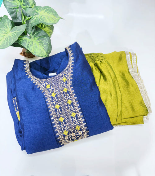 Plus Size Royal Blue Vichitra Silk Anarkali Umbrella Suit Set | 3-Piece Ethnic Wear