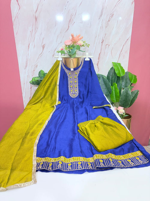 Plus Size Royal Blue Vichitra Silk Anarkali Umbrella Suit Set | 3-Piece Ethnic Wear