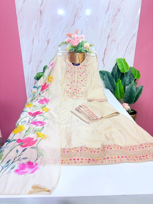Plus Size Cream Vichitra Fabric Anarkali Umbrella Suit Set with Digital Print Dupatta | 3-Piece Ethnic Wear