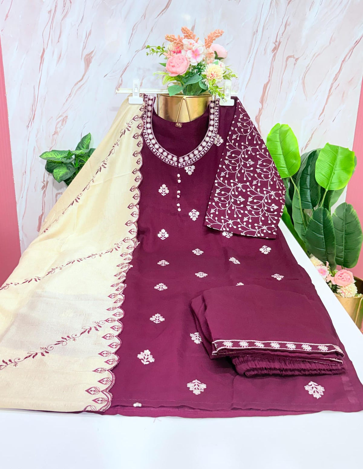 Plus Size Wine Straight Cut Kurti Set with Scallop Embroidered Dupatta | 3-Piece Ethnic Wear