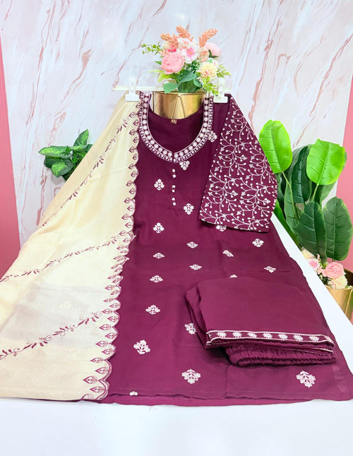 Plus Size Wine Straight Cut Kurti Set with Scallop Embroidered Dupatta | 3-Piece Ethnic Wear