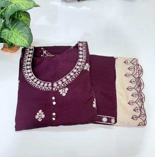 Plus Size Wine Straight Cut Kurti Set with Scallop Embroidered Dupatta | 3-Piece Ethnic Wear