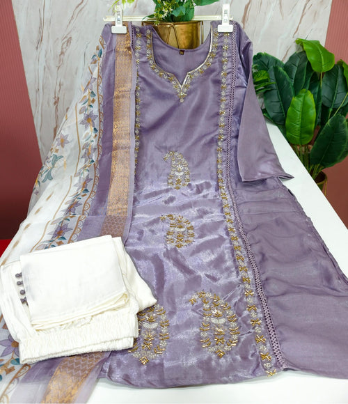 Plus Size Lavender Glass Fabric Straight Cut Kurti Set with Organza Dupatta | 3-Piece Ethnic Wear