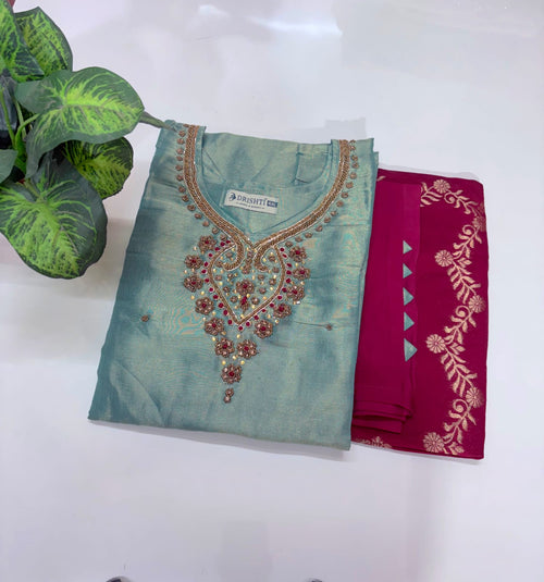 Plus Size Sea Green Tissue Shimmer Straight Cut Kurti Set with Banarasi Dupatta | 3-Piece Ethnic Wear