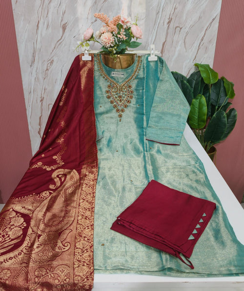 Plus Size Sea Green Tissue Shimmer Straight Cut Kurti Set with Banarasi Dupatta | 3-Piece Ethnic Wear