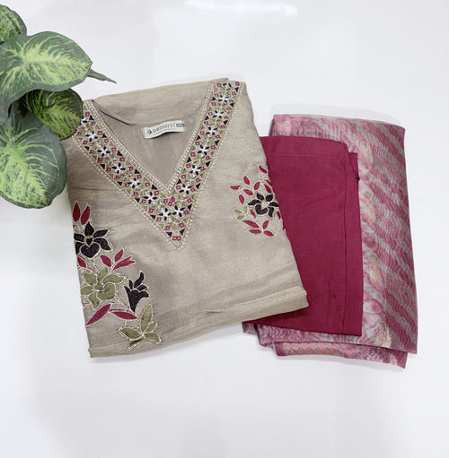 Plus Size Beige Tissue Shimmer Straight Cut Kurti Set with Organza Dupatta | 3-Piece Ethnic Wear