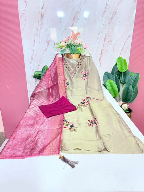 Plus Size Beige Tissue Shimmer Straight Cut Kurti Set with Organza Dupatta | 3-Piece Ethnic Wear