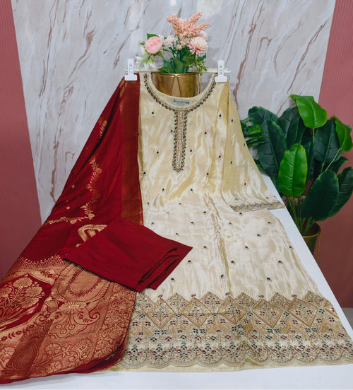 Plus Size Ivory Shimmer Straight Cut Kurti Set with Banarasi Dupatta | 3-Piece Ethnic Wear