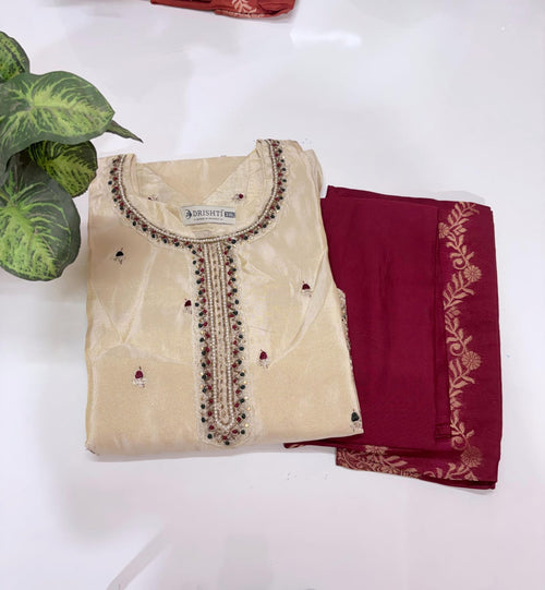 Plus Size Ivory Shimmer Straight Cut Kurti Set with Banarasi Dupatta | 3-Piece Ethnic Wear