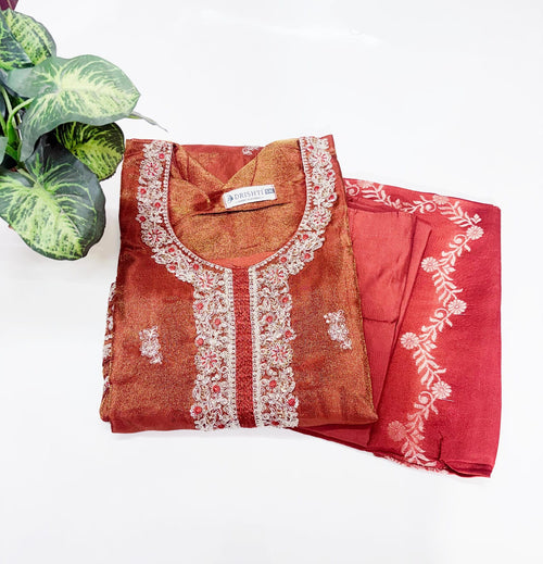 Plus Size Orange Shimmer Straight Cut Kurti Set with Banarasi Dupatta | 3-Piece Ethnic Wear