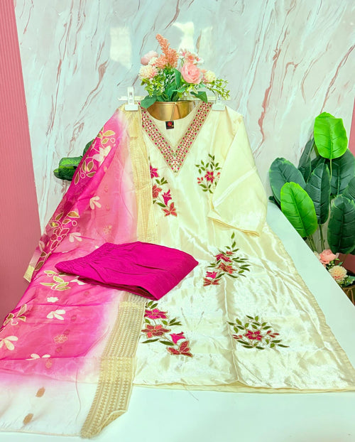 Off White Floral Embroidered Glass Fabric Plus Size Straight Cut Suit Set