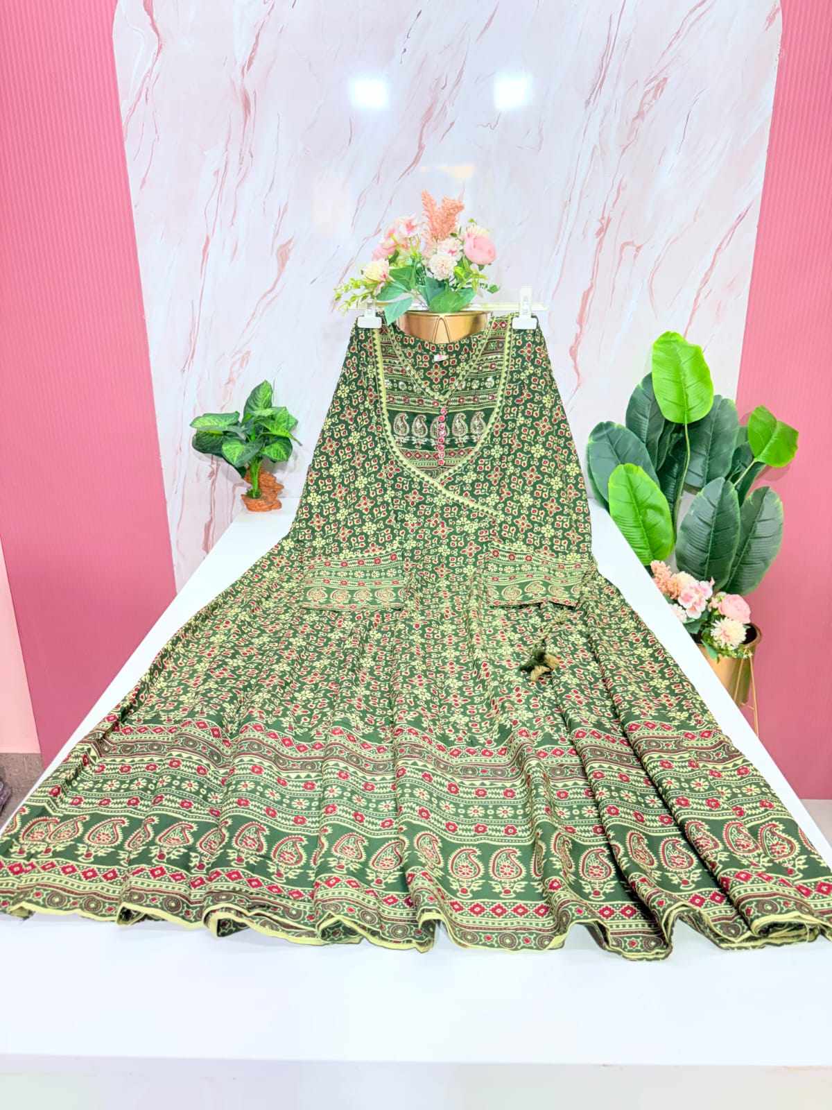 Olive Green Printed Rayon Plus Size Anarkali Umbrella Kurti