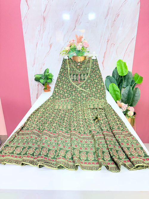 Olive Green Printed Rayon Plus Size Anarkali Umbrella Kurti