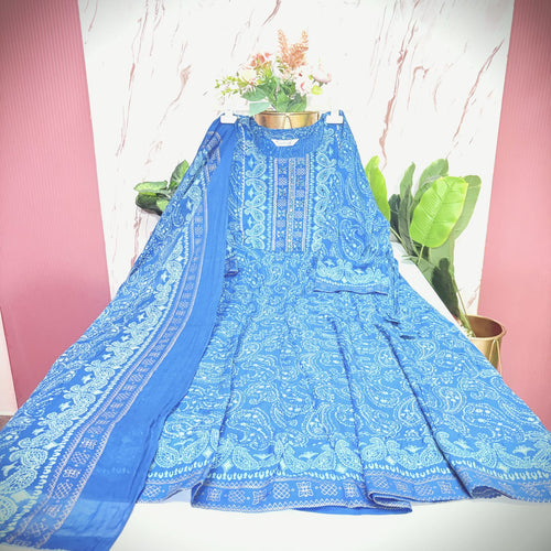 Rama Blue Rayon Plus Size Umbrella Kurti with Dupatta