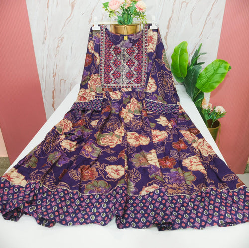 Navy Blue Floral Print Rayon Plus Size Umbrella Kurti