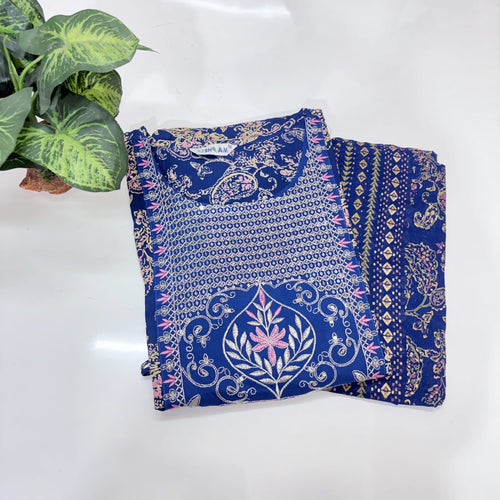 Ink Blue Printed Rayon Plus Size Umbrella Kurti with Dupatta