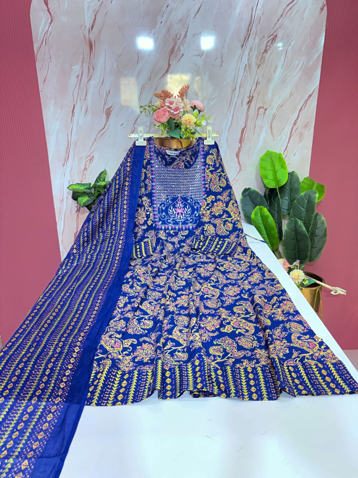 Ink Blue Printed Rayon Plus Size Umbrella Kurti with Dupatta