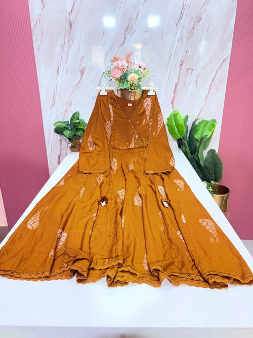Mustard Brown Rayon Plus Size Umbrella Kurti