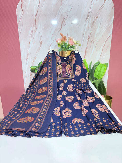 Navy Blue Printed Rayon Plus Size Umbrella Kurti with Dupatta
