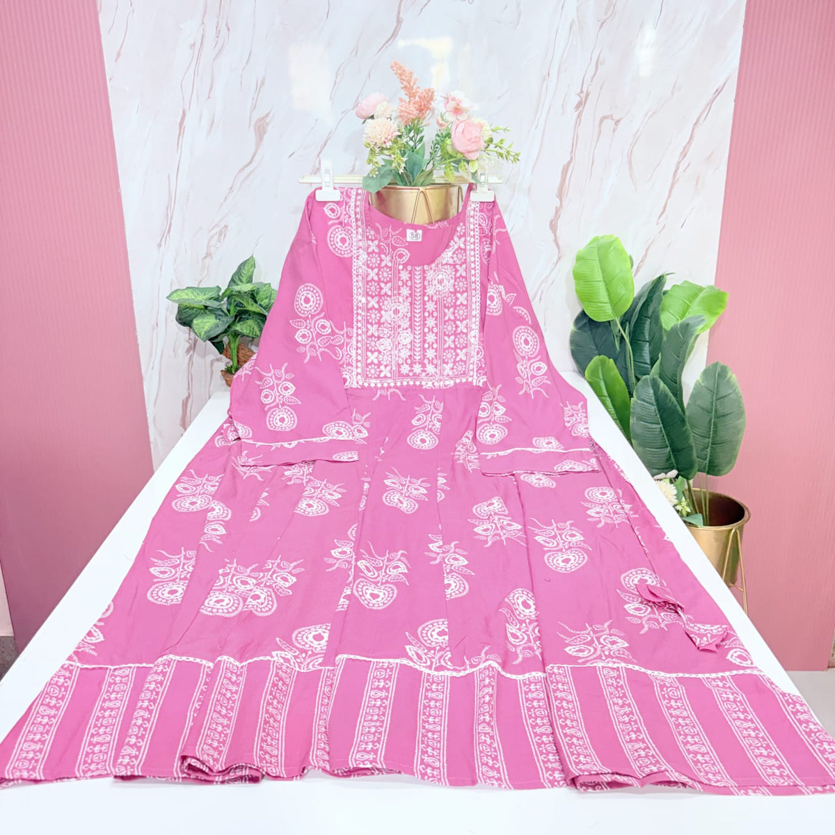 Pink Printed Rayon Plus Size Umbrella Kurti
