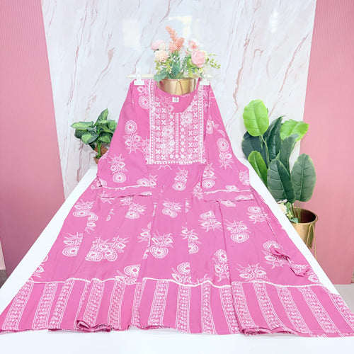 Pink Printed Rayon Plus Size Umbrella Kurti