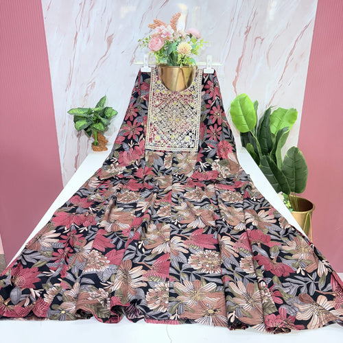 Black Floral Print Rayon Plus Size Umbrella Kurti