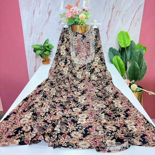 Black Floral Rayon Plus Size Umbrella Kurti