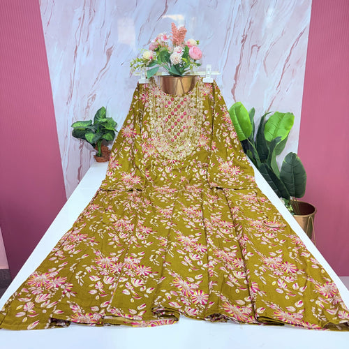 Olive Green Rayon Plus Size Umbrella Kurti