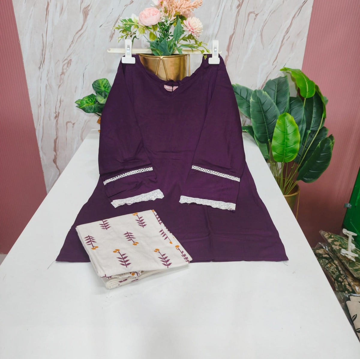 Rayon Top with Handloom Cotton Pant Co-ord Set - Wine