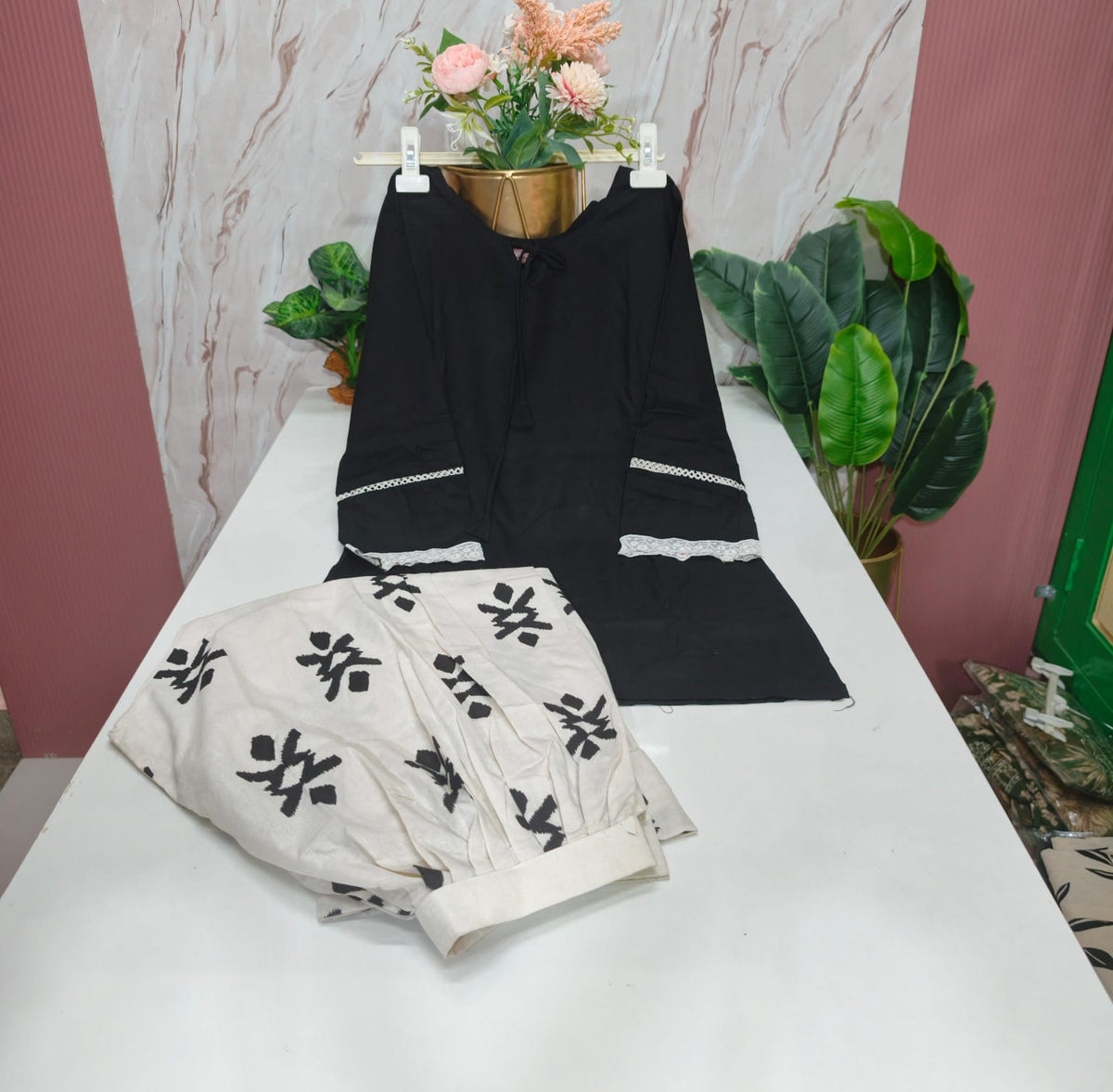Rayon Top with Handloom Cotton Pant Co-ord Set - Black