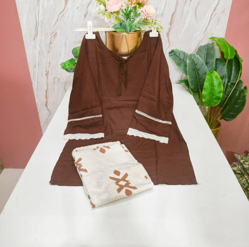 Rayon Top with Handloom Cotton Pant Co-ord Set - Brown