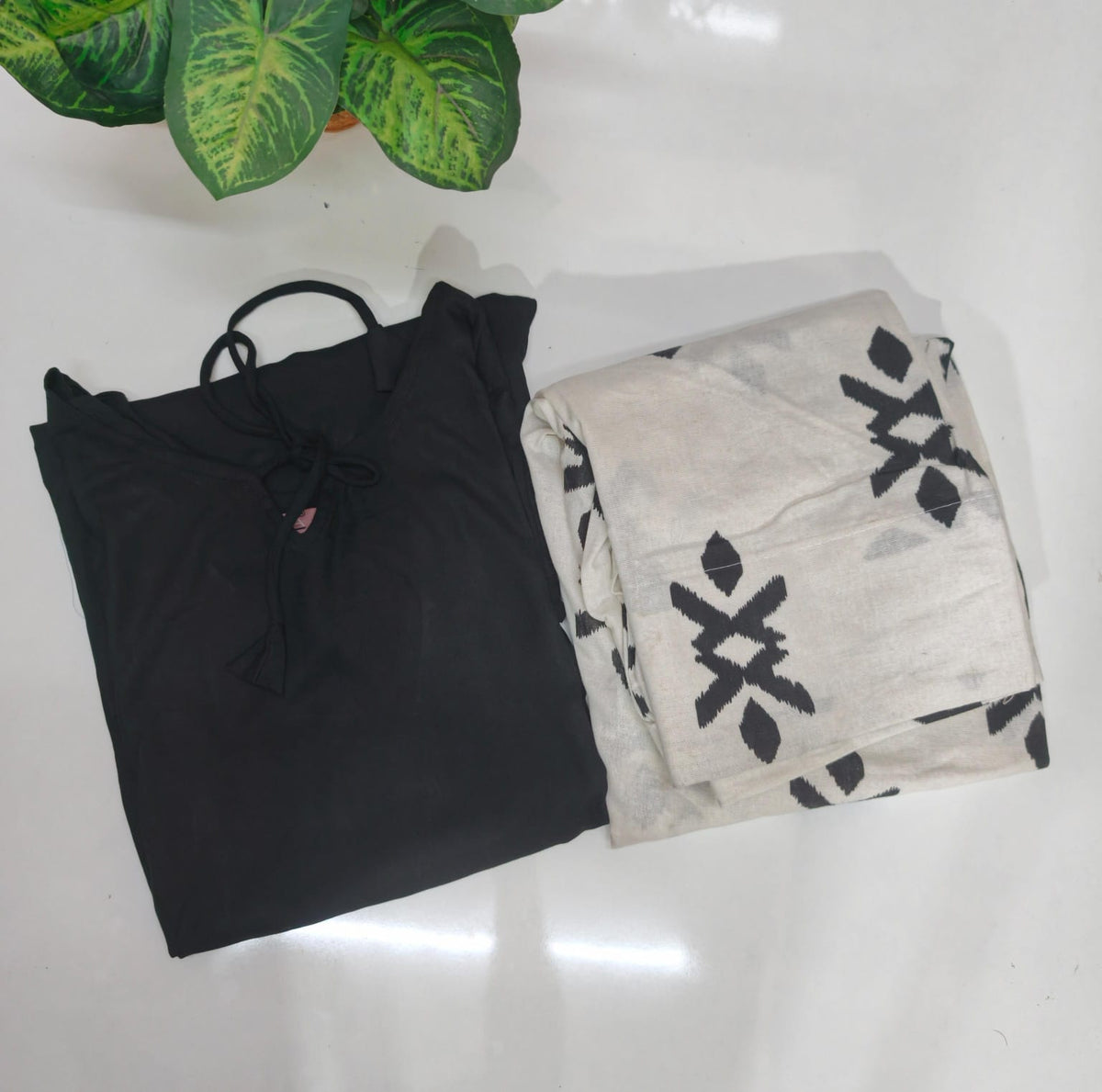 Rayon Top with Handloom Cotton Pant Co-ord Set - Black
