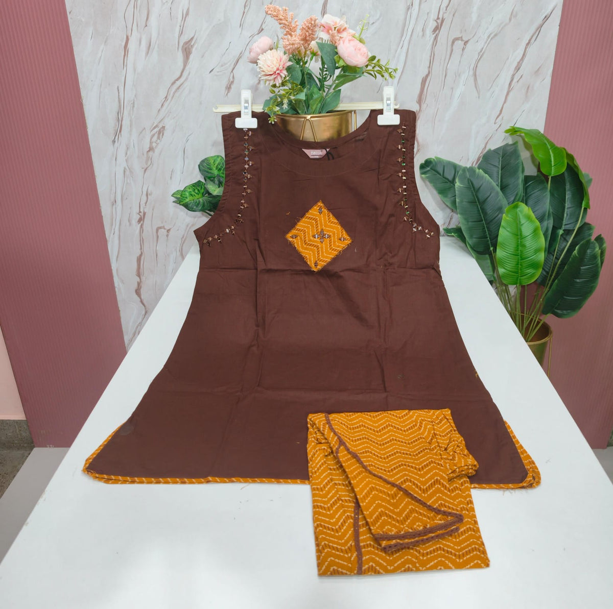 Cotton Sleeveless Co-ord Set with Dhoti Pants - Brown